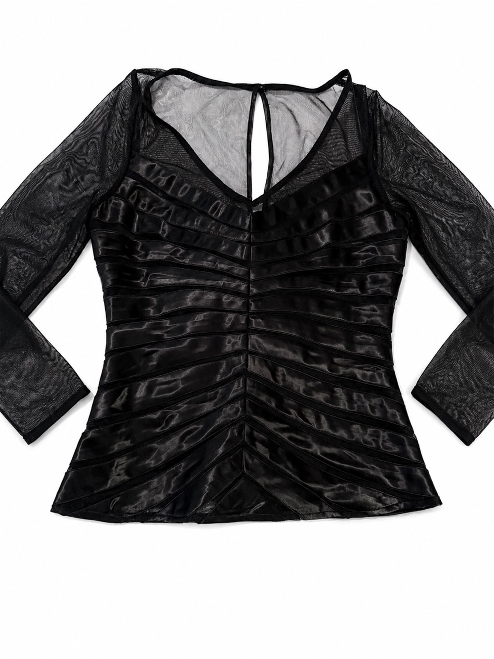Dress Barn Black Sheer Mesh and Satin Stripe V-Neck Top - Picture 1 of 10